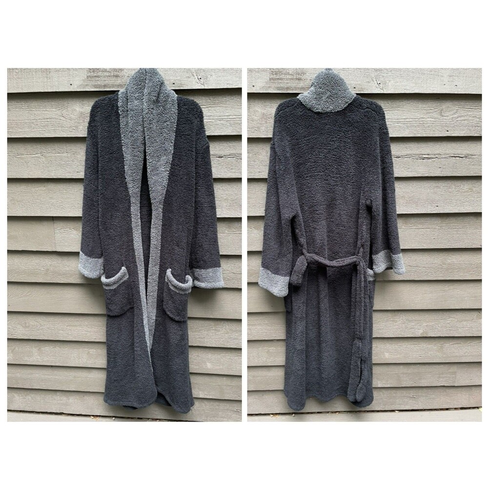 Barefoot Dreams Cozy Plush Long Robe Black Gray Unisex Loungewear M/L